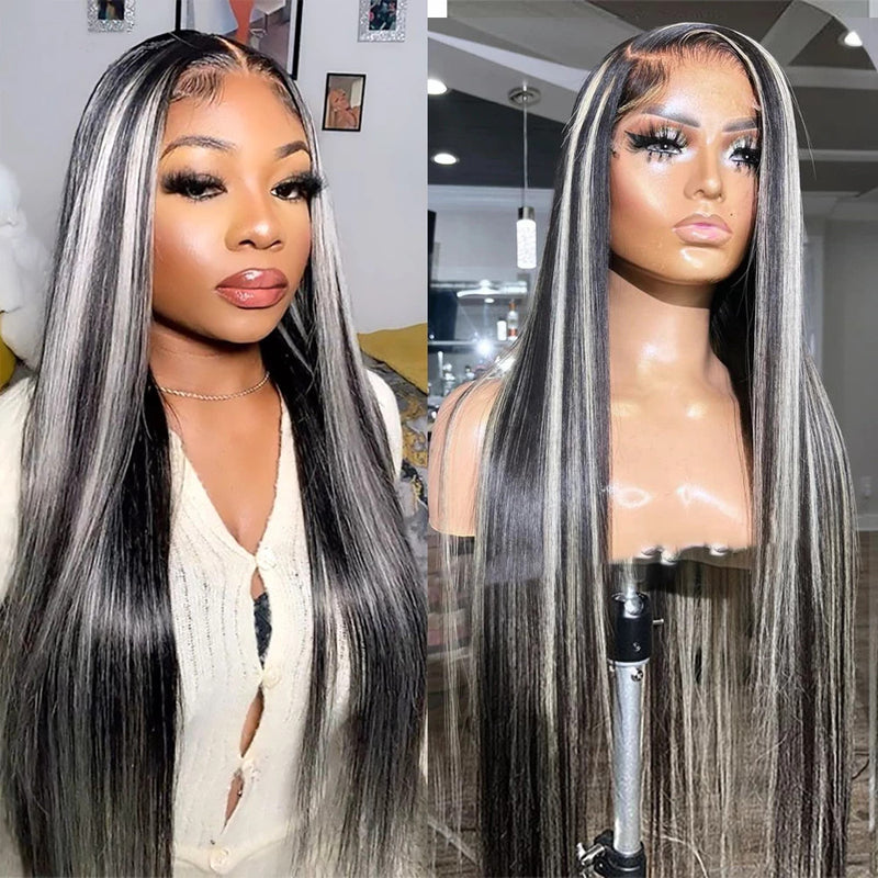 AngieQueen Grey Highlight Wig Human Hair 13x4 Silky Straight HD Lace Front Wig 180% Density