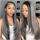 AngieQueen Grey Highlight Wig Human Hair 13x4 Silky Straight HD Lace Front Wig 180% Density