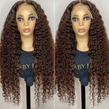 AngieQueen #4 Dark Brown Wig Human Hair Lace Front Wig Brown Hair Wig Deep Curly 180% Density