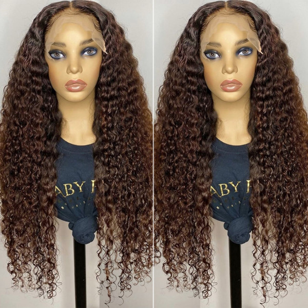 AngieQueen #4 Dark Brown Wig Human Hair Lace Front Wig Brown Hair Wig Deep Curly 180% Density