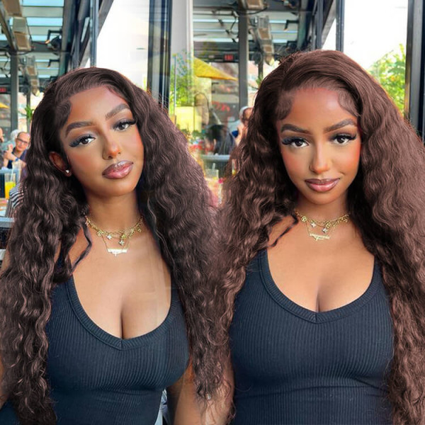 AngieQueen #4 Dark Brown Wig Human Hair Lace Front Wig Brown Hair Wig Deep Curly 180% Density