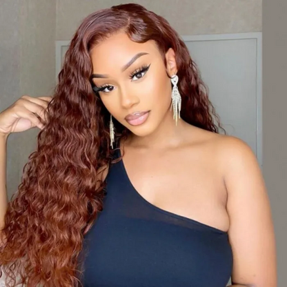 AngieQueen Reddish Brown 13x4 Lace Front Wig Deep Wave Human Hair Wigs 180% Density