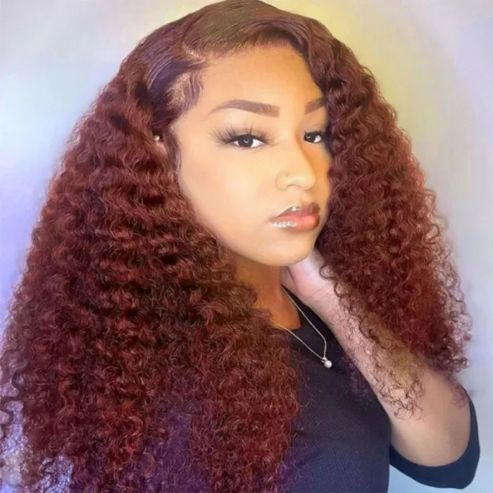 AngieQueen Reddish Brown 13x4 Lace Front Wig Deep Wave Human Hair Wigs 180% Density
