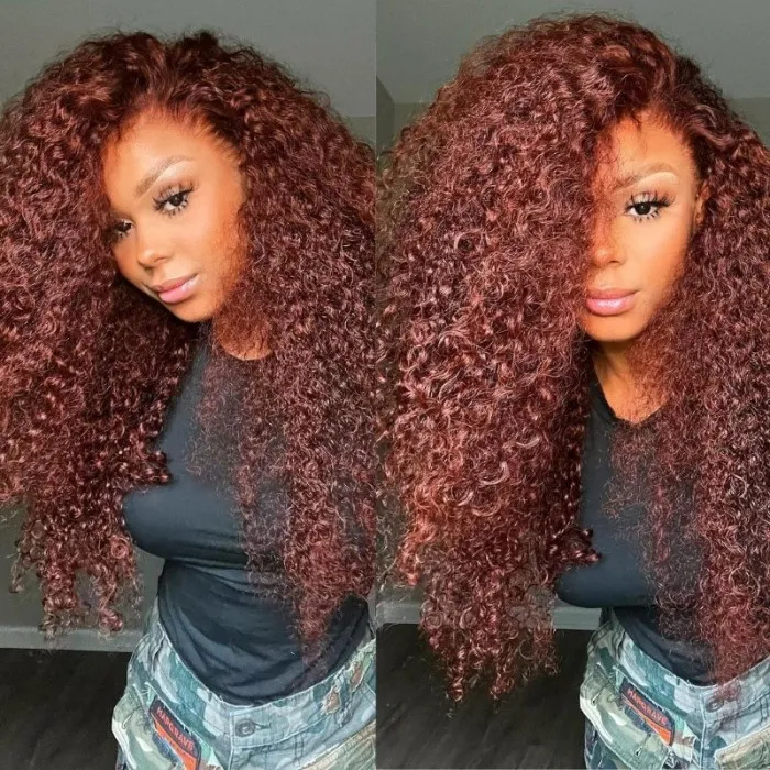 AngieQueen 13*4 Lace Front Jerry Curly Human Hair Wig Reddish Brown Color 180% Density