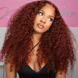 AngieQueen 13*4 Lace Front Jerry Curly Human Hair Wig Reddish Brown Color 180% Density