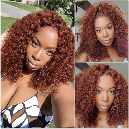 AngieQueen 13*4 Lace Front Jerry Curly Human Hair Wig Reddish Brown Color 180% Density