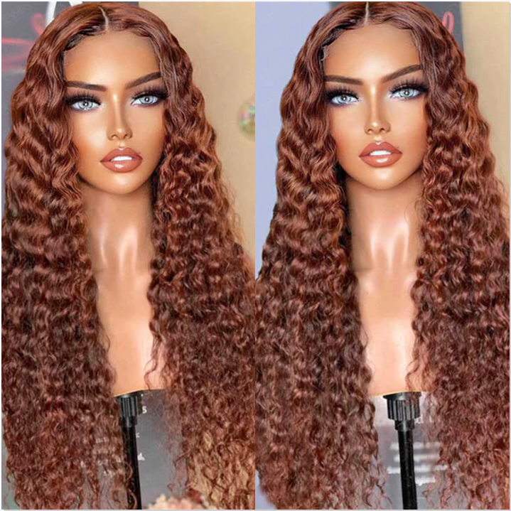 AngieQueen Reddish Brown 13x4 Lace Front Wig Deep Wave Human Hair Wigs 180% Density