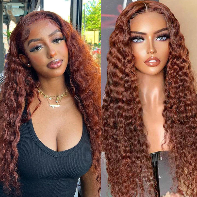 AngieQueen Reddish Brown 13x4 Lace Front Wig Deep Wave Human Hair Wigs 180% Density