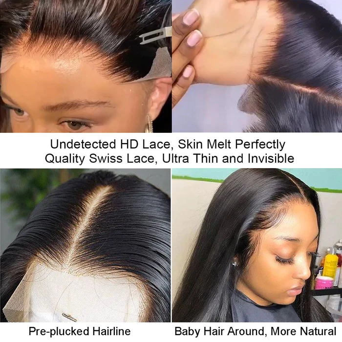 AngieQueen Glueless HD Lace Front Straight Human Hair Wig 180% Density