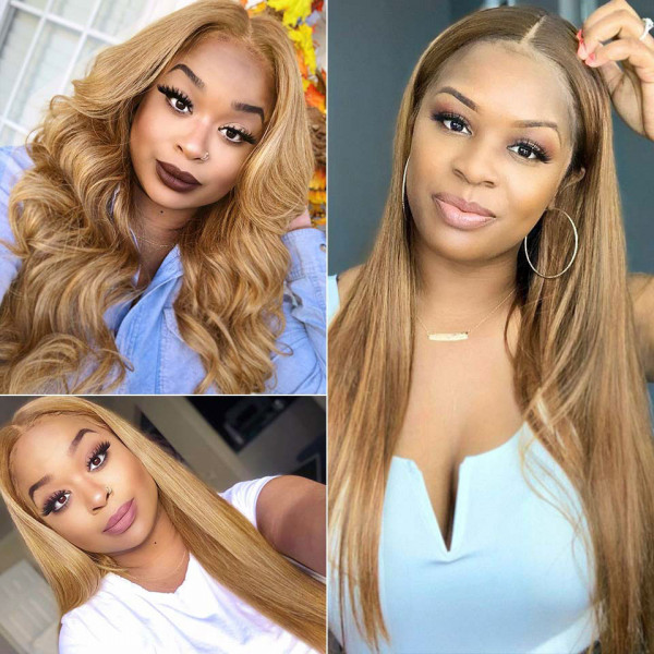 AngieQueen Honey Blonde Lace Front Wig #27 Color Ombre Human Hair Wigs