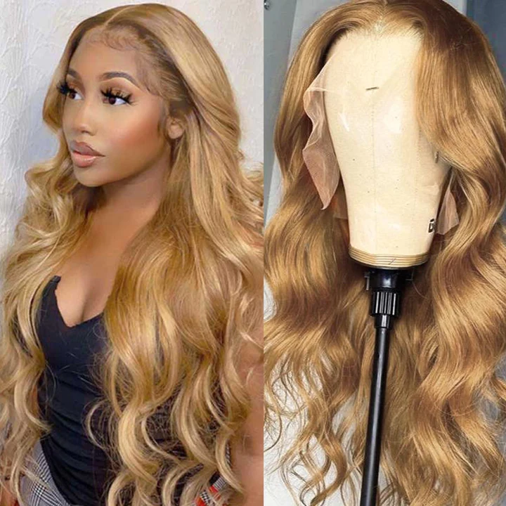 AngieQueen Honey Blonde Lace Front Wig #27 Color Ombre Human Hair Wigs