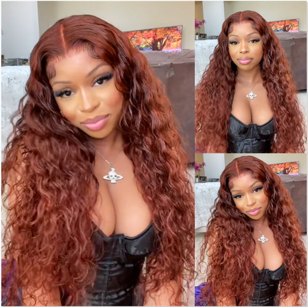 AngieQueen Reddish Brown 13x4 Lace Front Wig Deep Wave Human Hair Wigs 180% Density