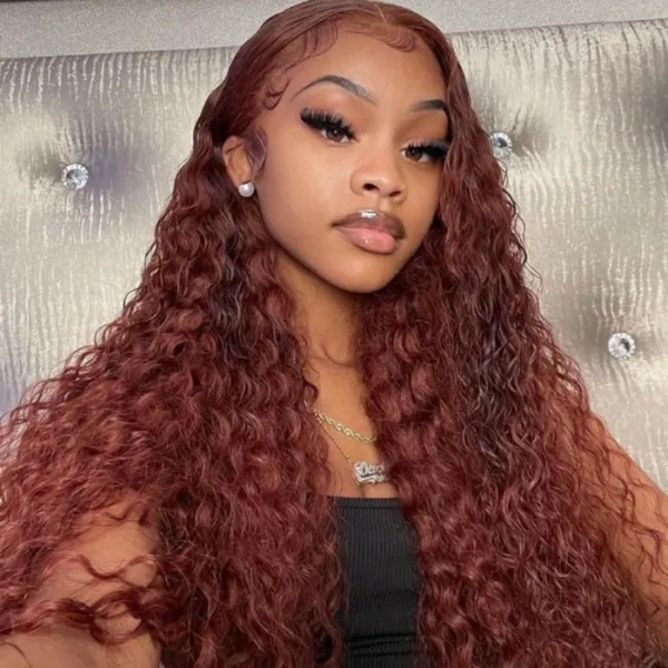 AngieQueen Reddish Brown 13x4 Lace Front Wig Deep Wave Human Hair Wigs 180% Density