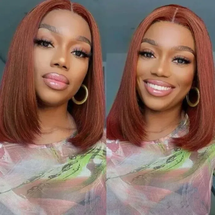 AngieQueen Copper Red Bob Lace Wigs Glueless Straight Human Hair Texture