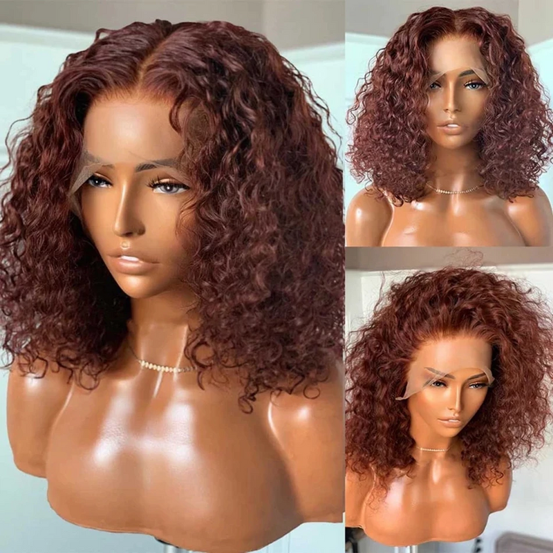 Angie Queen Reddish Brown Lace Front Bob Wigs Water Wave Bouncy Curly Glueless Human Hair