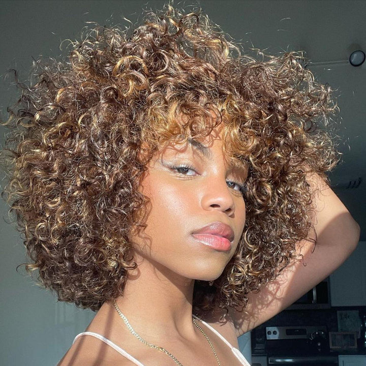 AngieQueen Throw On & Go Mix Color Glueless Short Bob Curly Fringe Wig With Bangs Frames The Face