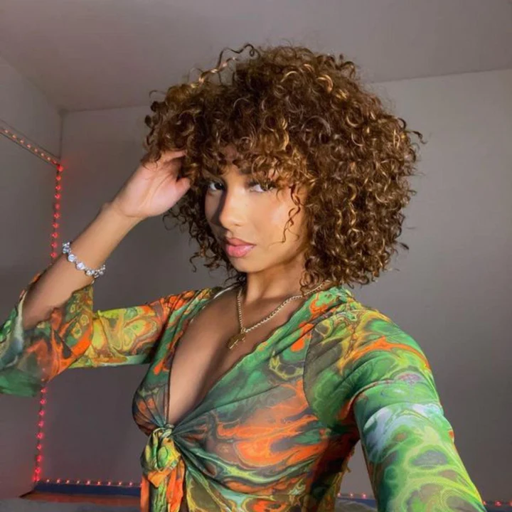 AngieQueen Throw On & Go Mix Color Glueless Short Bob Curly Fringe Wig With Bangs Frames The Face