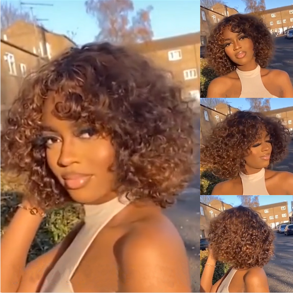 AngieQueen Throw On & Go Mix Color Glueless Short Bob Curly Fringe Wig With Bangs Frames The Face
