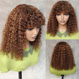 AngieQueen Throw On & Go Mix Color Glueless Short Bob Curly Fringe Wig With Bangs Frames The Face