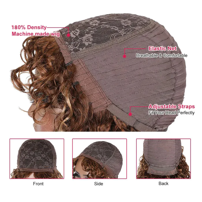 AngieQueen Throw On & Go Mix Color Glueless Short Bob Curly Fringe Wig With Bangs Frames The Face