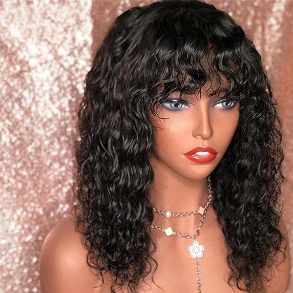 AngieQueen Affordable Glueless deep Wave Curls Machine Made Wig With Bangs 16 inche