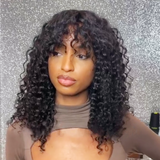 AngieQueen Affordable Glueless deep Wave Curls Machine Made Wig With Bangs 16 inche