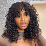 AngieQueen Affordable Glueless deep Wave Curls Machine Made Wig With Bangs 16 inche