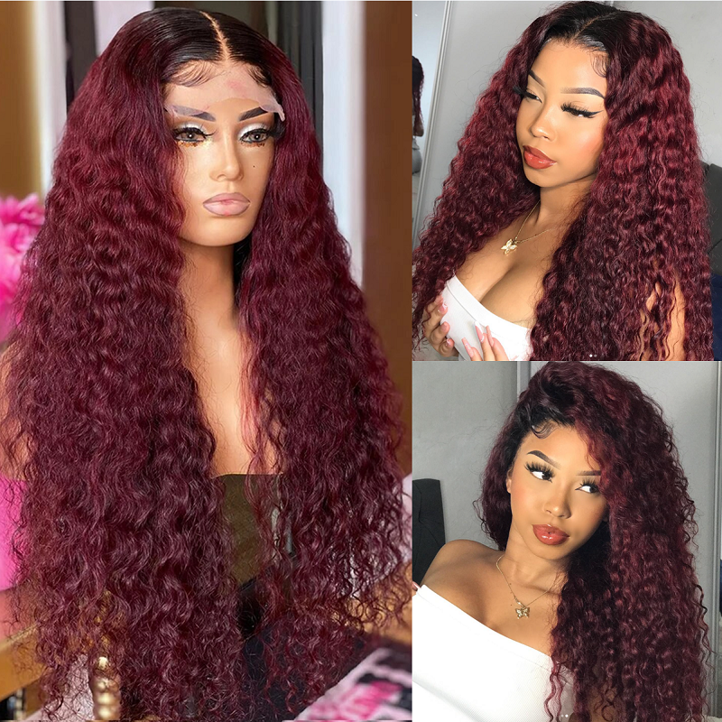 AngieQueen Deep Wave Burgundy Colored HD Lace Front Wigs 180% Density