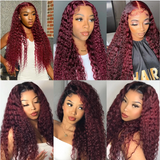 AngieQueen Deep Wave Burgundy Colored HD Lace Front Wigs 180% Density