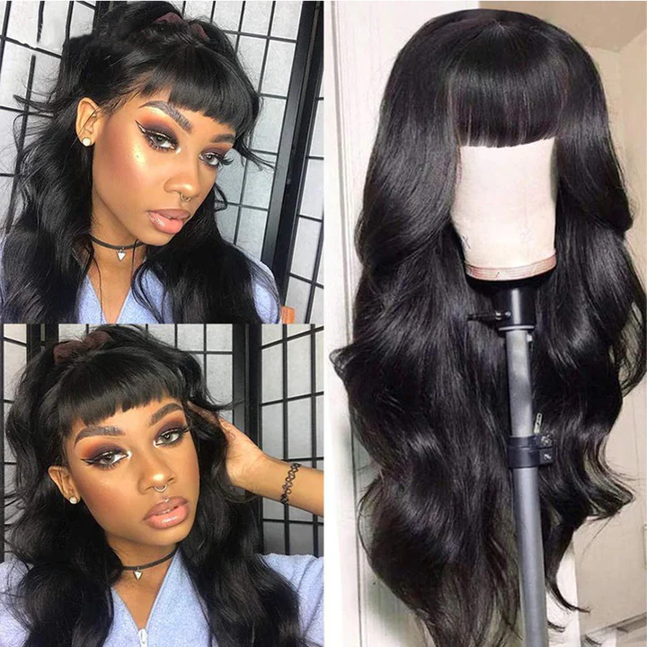 AngieQueen Body Wave Human Hair Wigs Pre-Plucked With Bangs Gluess Remy Human Hair Wigs