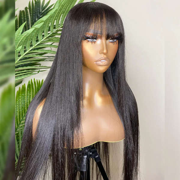 AngieQueen Straight Human Hair Wigs Pre-Plucked With Bangs Glueless Remy Human Hair Wigs