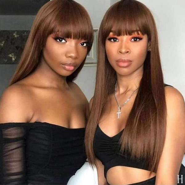 AngieQueen Affordable Glueless Straight Dark Brown Human Hair Wigs with Bangs ,Wear And Go