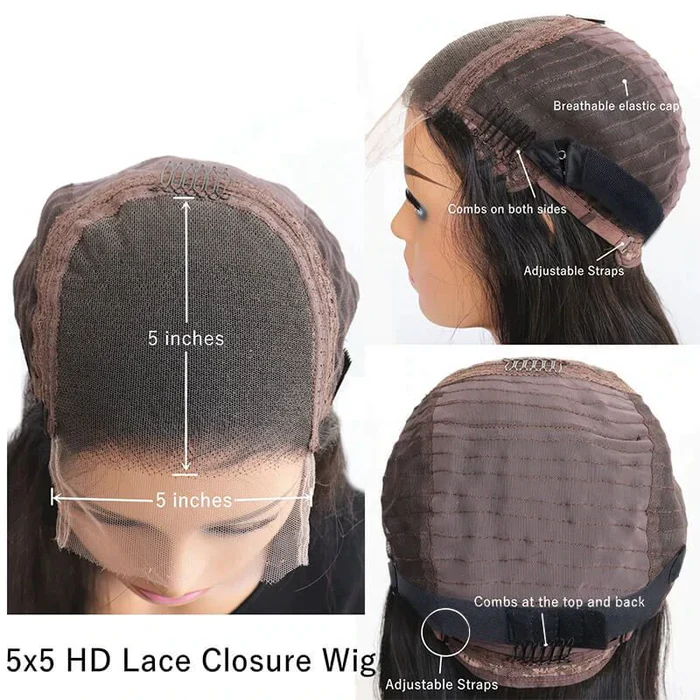 Angiequeen 5X5 HD Lace Water Wave Pre Plucked Closure Long Human Hair Wigs
