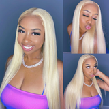 Angie Queen 100% Virgin Volume Human Hair Soft Long 613 Blonde Straight Lace Frontal Wig