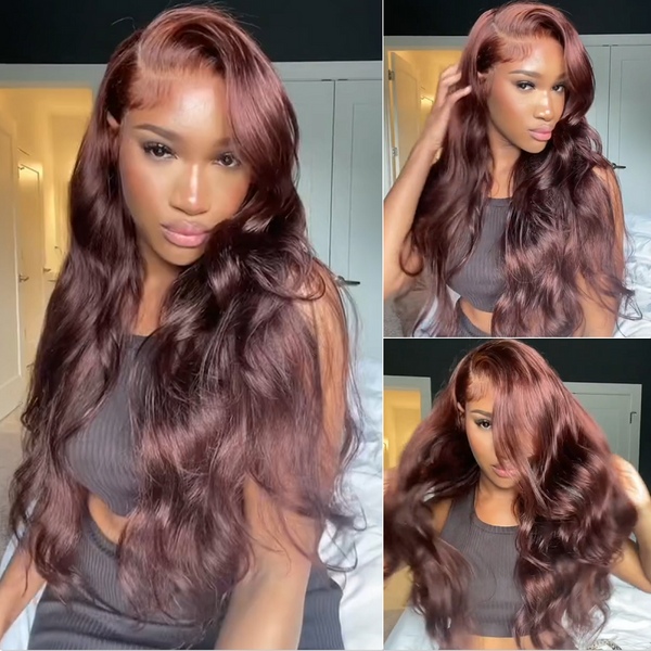 AngieQueen Dark Red Brown Human Hair Lace Front Wig 180% Density