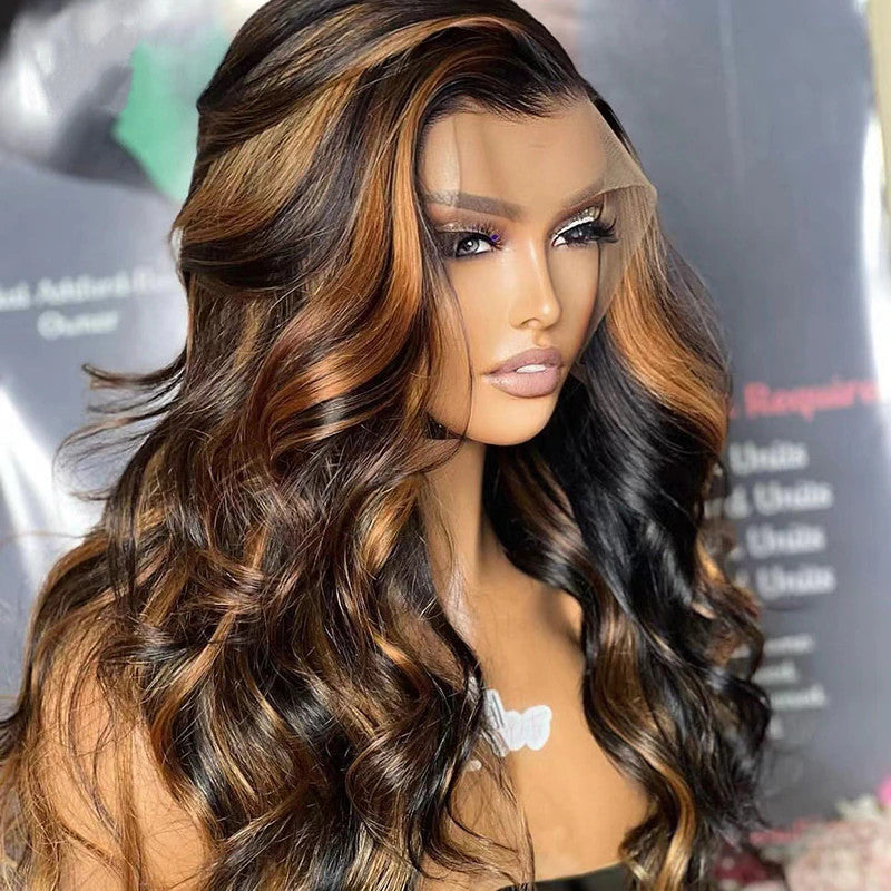 AngieQueen 1B/30 Highlight Colored Lace Front Wig Body Wave Human Hair 180% Density