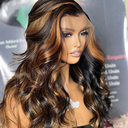 AngieQueen 1B/30 Highlight Colored Lace Front Wig Body Wave Human Hair 180% Density