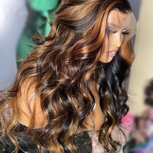 AngieQueen 1B/30 Highlight Colored Lace Front Wig Body Wave Human Hair 180% Density