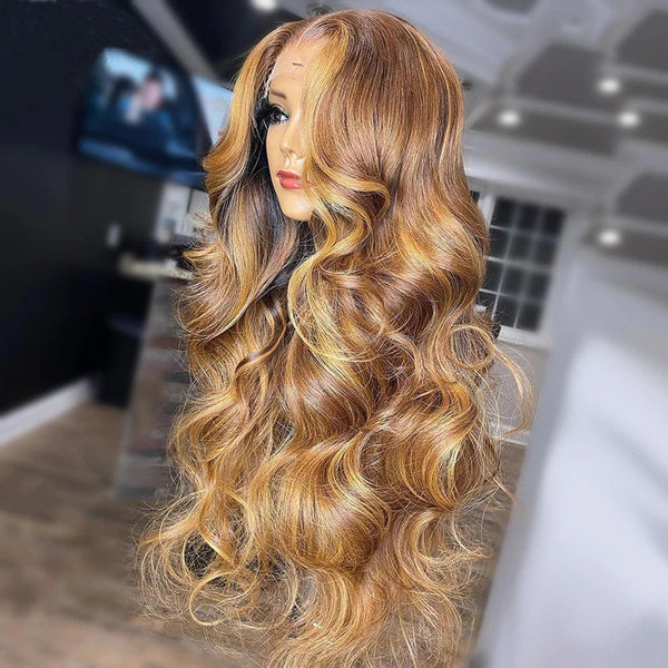 AngieQueen Honey Blonde Highlight 27 Body Wave Lace Frontal Wig For Women
