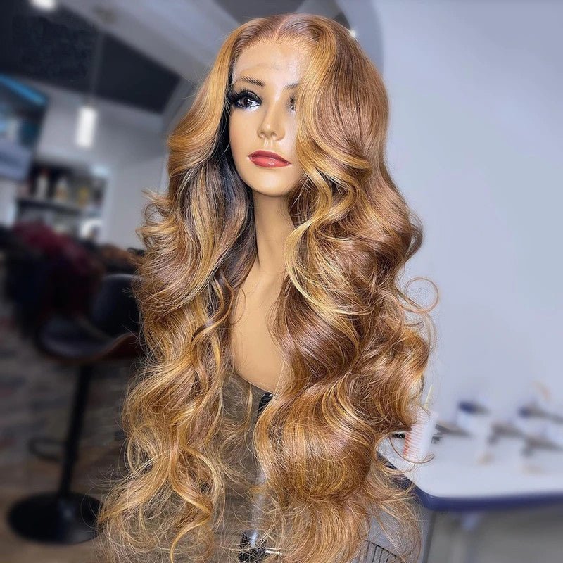 AngieQueen Honey Blonde Highlight 27 Body Wave Lace Frontal Wig For Women