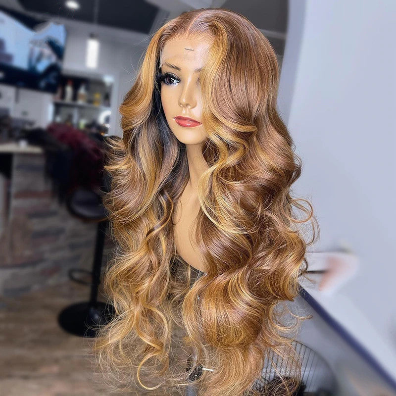 AngieQueen Honey Blonde Highlight 27 Body Wave Lace Frontal Wig For Women