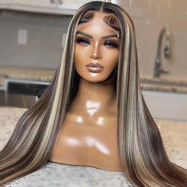 AngieQueen Brown Blonde Highlight Wig Human Hair 13x4 Silky Straight Lace Front Wig 180% Density