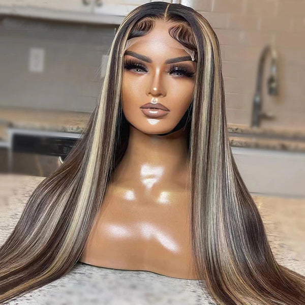 AngieQueen Brown Blonde Highlight Wig Human Hair 13x4 Silky Straight Lace Front Wig 180% Density