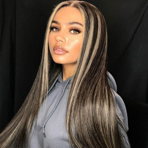 AngieQueen Brown Blonde Highlight Wig Human Hair 13x4 Silky Straight Lace Front Wig 180% Density