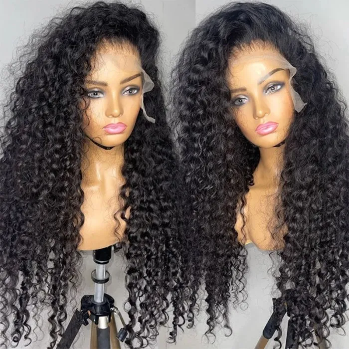 Angiequeen Maylasian 13X4 HD Deep Wave Natural Color Transparent Lace Front Long Virgin Wig