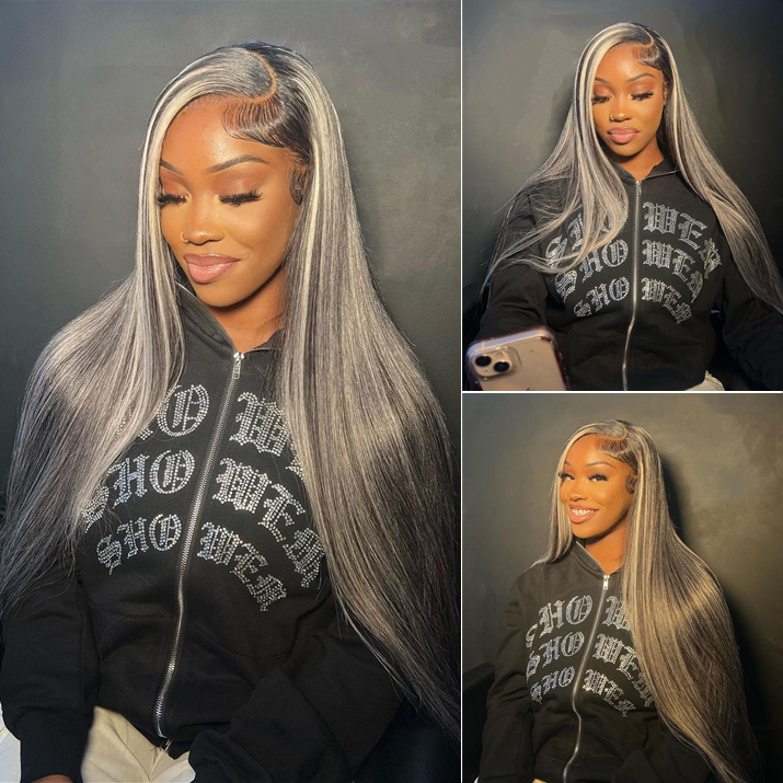 AngieQueen Grey Highlight Wig Human Hair 13x4 Silky Straight HD Lace Front Wig 180% Density