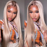 Angie Queen 13X4 HD Lace Front Wig#P18/613 Blonde Highlight Straight Human Hair Wigs