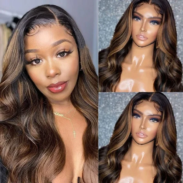 AngieQueen 1B/30 Highlight Colored Lace Front Wig Body Wave Human Hair 180% Density