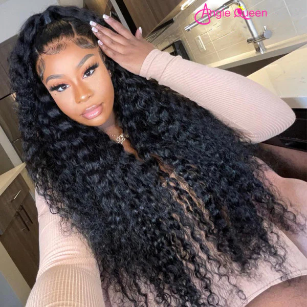 Angiequeen Maylasian 13X4 HD Deep Wave Natural Color Transparent Lace Front Long Virgin Wig