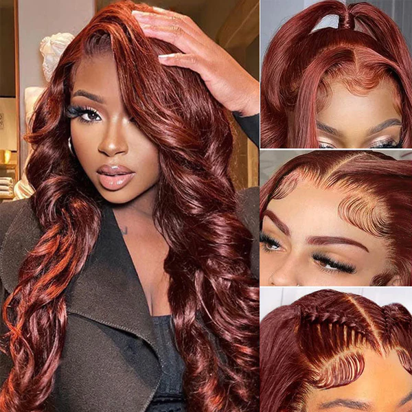 AngieQueen Reddish Brown Body Wave Human Hair Lace Front Wig 180% Density